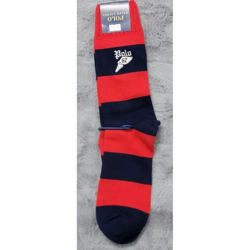 Polo Ralph Lauren Socks Mens 10-13 Red Navy Stripe Polo 67 P Winged Foot Calf